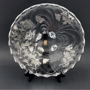 Vintage Cambridge Caprice Footed Cake Plate With Silver Overlay Floral Design